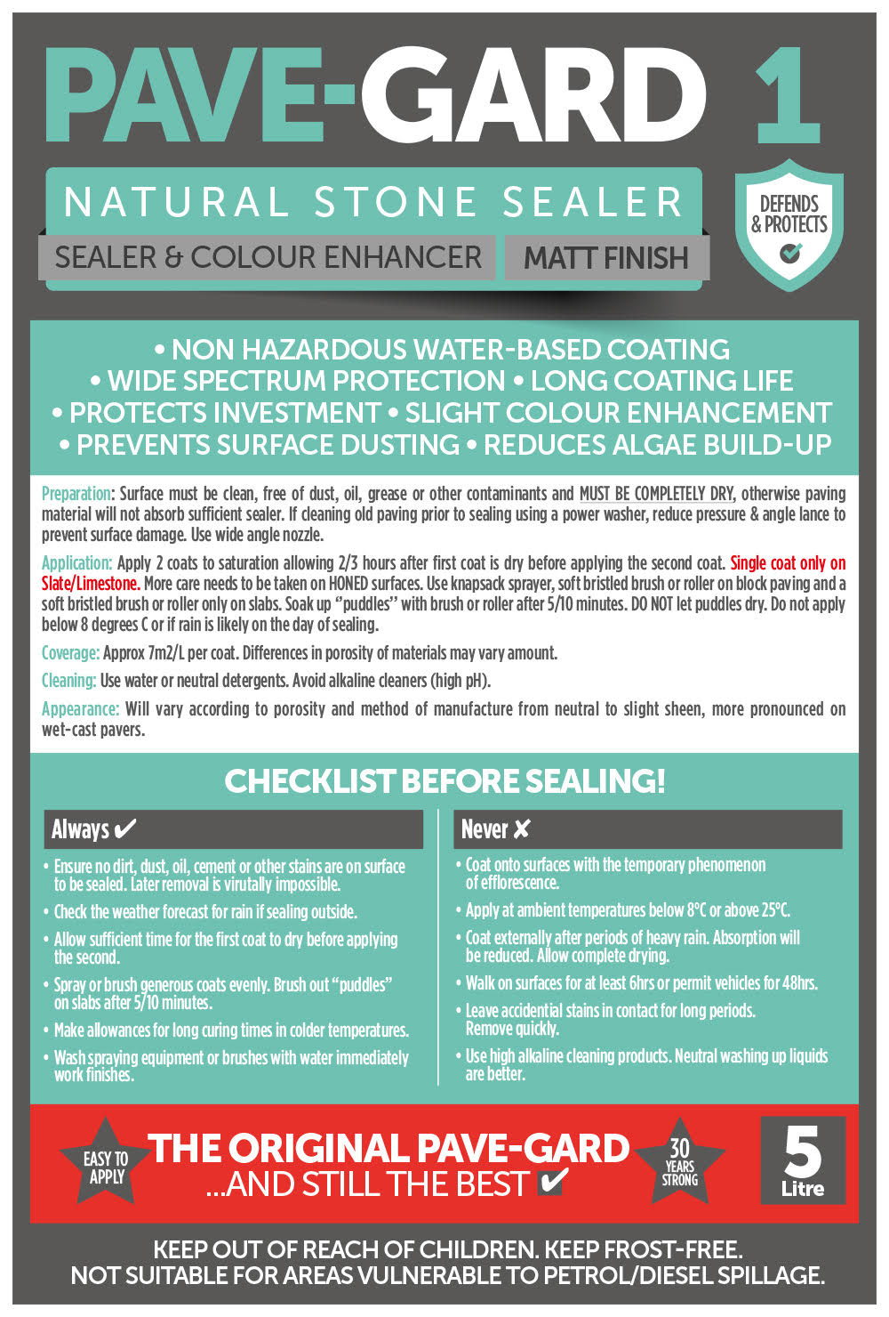 Pave-Gard 1 - THE ORIGINAL - Natural Stone Sealer 5Ltr - MATT Finish - Image 3